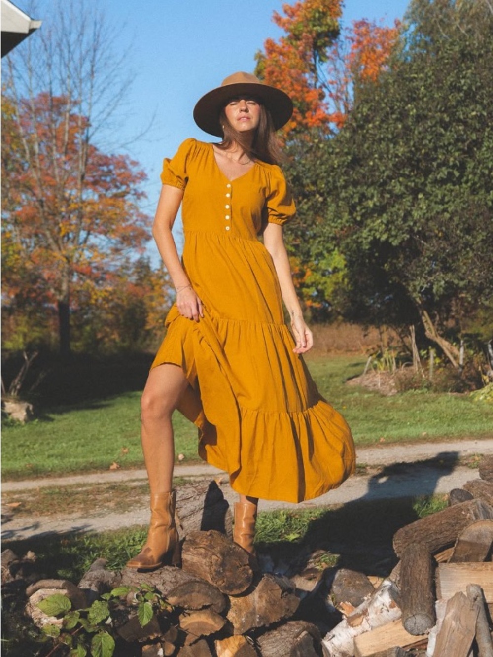 Tiered Mustard Maxi Dress with Button-Front and Self-Tie Waist